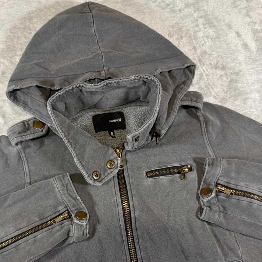 Y2K Hurley‎ Hooded Utility Zip Jacket | Washed Gray | Small